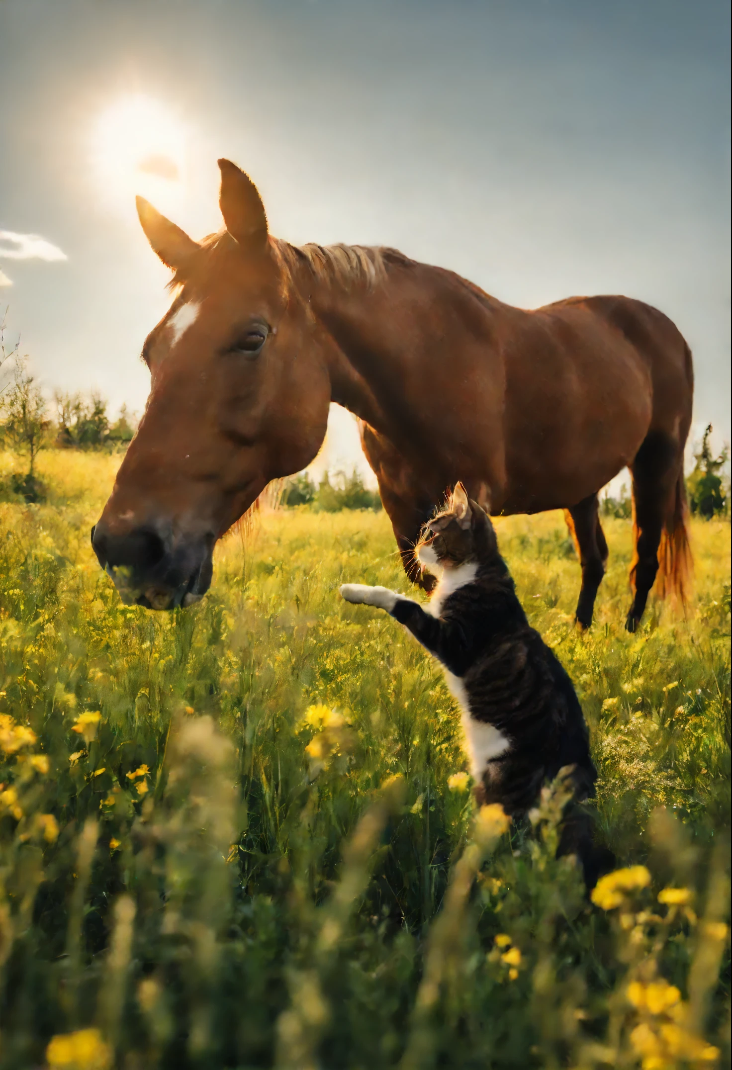 The horse is friends with the cat. from bottom to up view. perspective, meadow. Sunny day