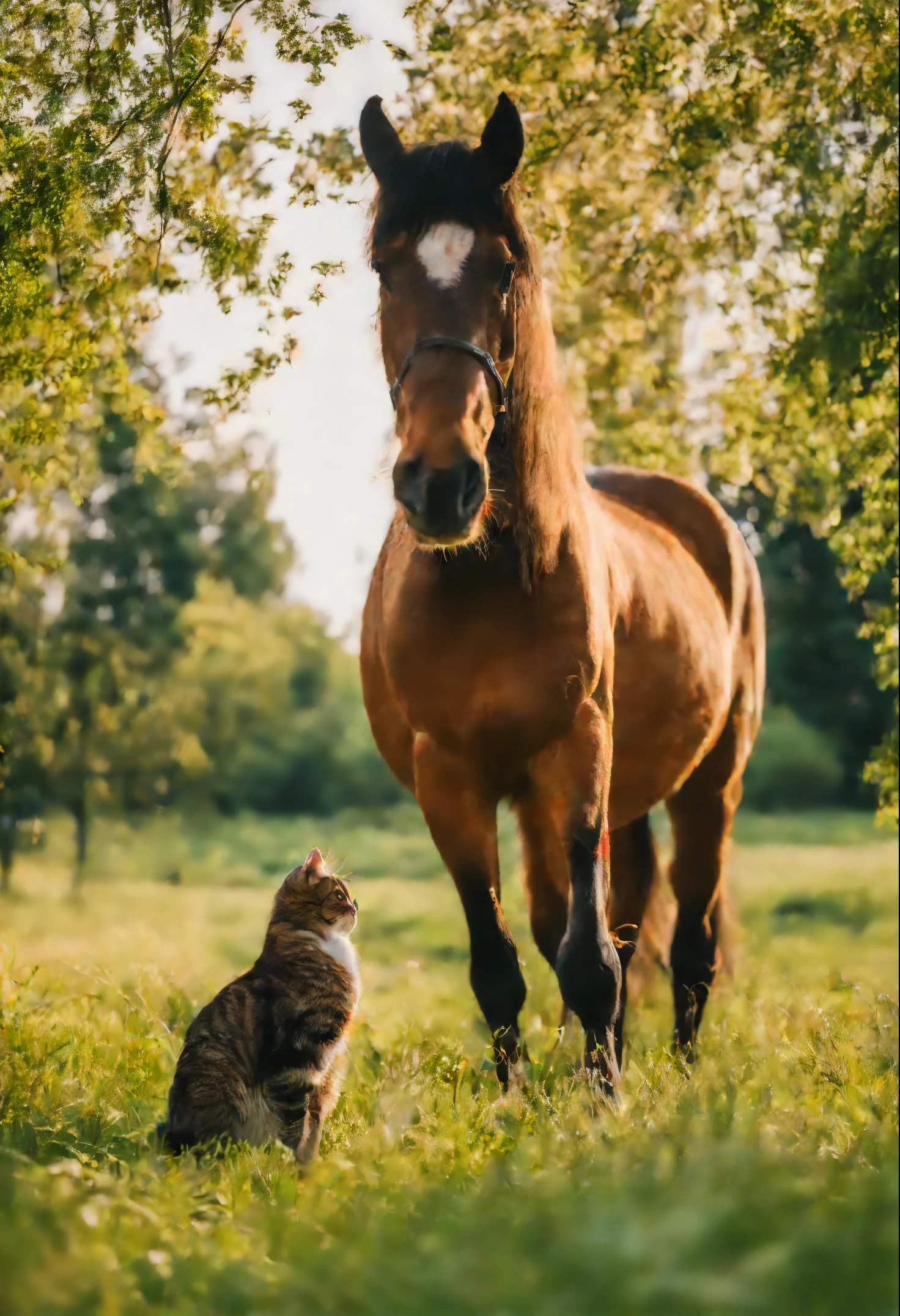 The horse is friends with the cat. from bottom to up view. perspective, meadow. Sunny day