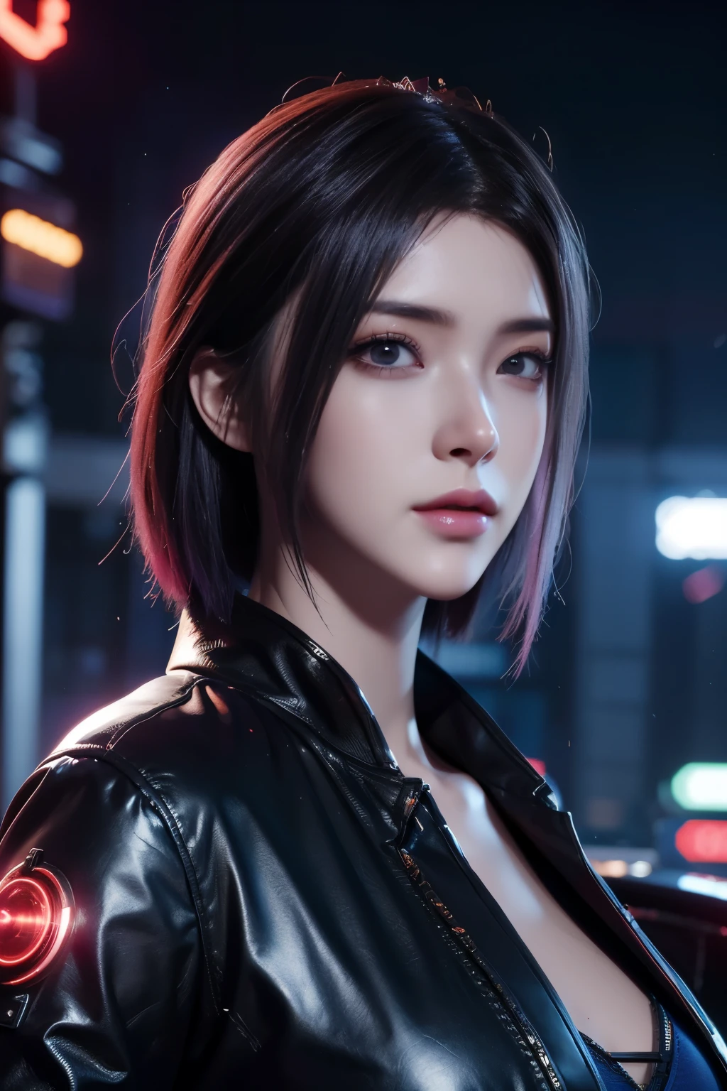 Masterpiece，The best qualities，Very high resolution，8K，((Portrait))，((Head close-up))，Original photo，real photo，digital photography， (Future world cyberpunk-style pop idol)，(Korean pop idol)，23-year-old girl，(Short hair, random color)，Beautiful red pupils，elegant and charming，proud and beautiful，Smiling，(Big breasts)，(Silk coat，Be riotous with colour，An open coat，Silk，Open，Light silk)，Cyberpunk figureuture Style，Neon light photo pose，neon city background，Movie lights，Ray tracing，Game CG，((3D Unreal Engine))，oc render reflection texture