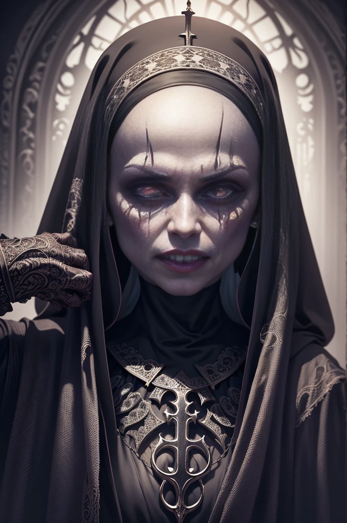 Scary nun, unholy, creepy, horror, dark, ghoul, intricate design and details, photography lighting, photorealistic, cinematic