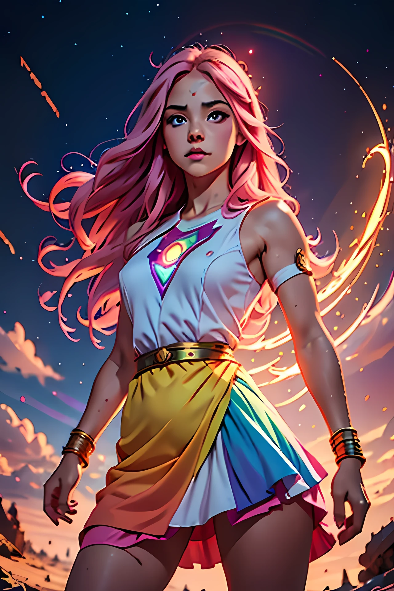 1girl, long Pink hair, A goddess called Athena , Rainbow colored eyes, She is a warrior , He wears beautiful childish clothes, Transparent background, absurdres, high-resolution, ultra sharp, 8k, 巨作, Looking directly for you