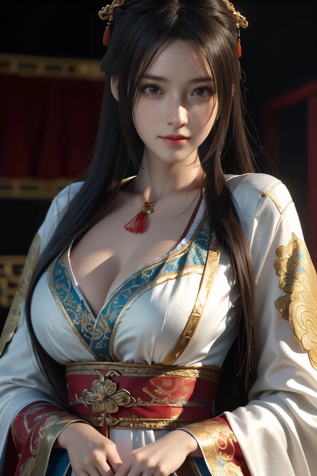 Masterpiece，The best qualities，Very high resolution，8K，((Portrait))，((Head close-up))，Original photo，real photo，digital photography， (Women in ancient Chinese style)，(Ancient Chinese women)，23-year-old girl，(Long Horsetail Hair)，Beautiful red pupils，elegant and charming，proud and beautiful，Smiling，(Big breasts)，(Silk cloth clothes，An open silk coat，A fine pattern of dress，Silk cloth clothes in ancient Chinese style，Unlimited)，Ancient figures，Ancient Style， Photo pose，Ancient city background，Movie lights，Ray tracing，Game CG，((3D Unreal Engine))，oc render reflection texture