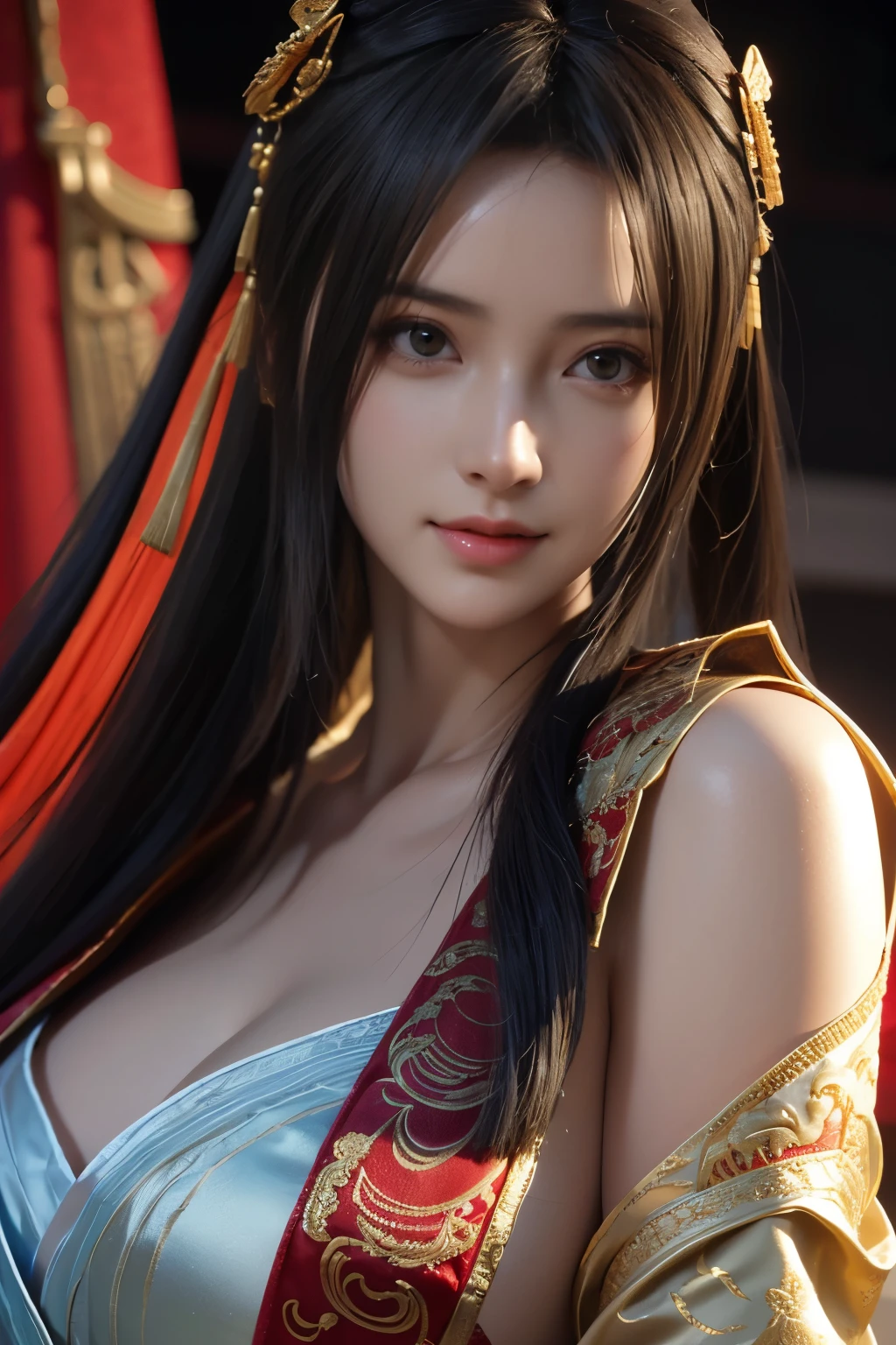 Masterpiece，The best qualities，Very high resolution，8K，((Portrait))，((Head close-up))，Original photo，real photo，digital photography， (Women in ancient Chinese style)，(Ancient Chinese women)，23-year-old girl，(Long Horsetail Hair)，Beautiful red pupils，elegant and charming，proud and beautiful，Smiling，(Big breasts)，(Silk cloth clothes，An open silk coat，A fine pattern of dress，Silk cloth clothes in ancient Chinese style，Unlimited)，Ancient figures，Ancient Style， Photo pose，Ancient city background，Movie lights，Ray tracing，Game CG，((3D Unreal Engine))，oc render reflection texture