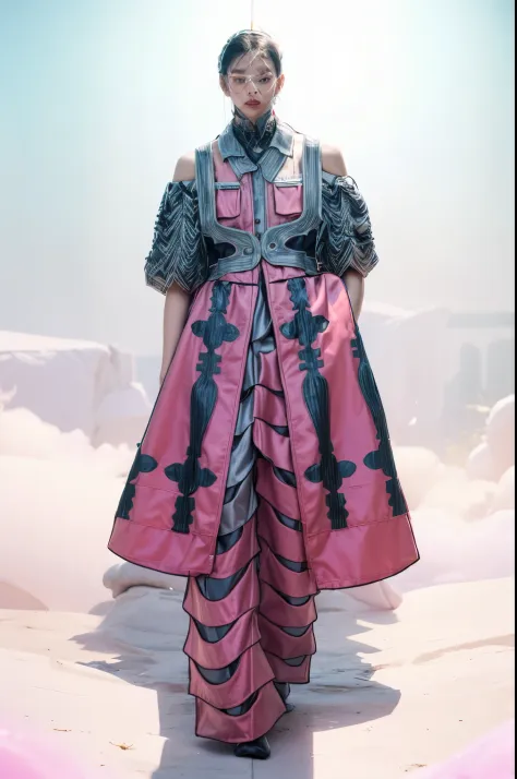 PHOTOREALISTIC a man:1.62, a man in a dress with a frilling skirt, outfit design, detailed fashion, multilayered outfit, full body maximalist details,  pastel gradient color shift:1.5, full body shot, inspired by Sadao Watanabe, costume with cool pastel gr...