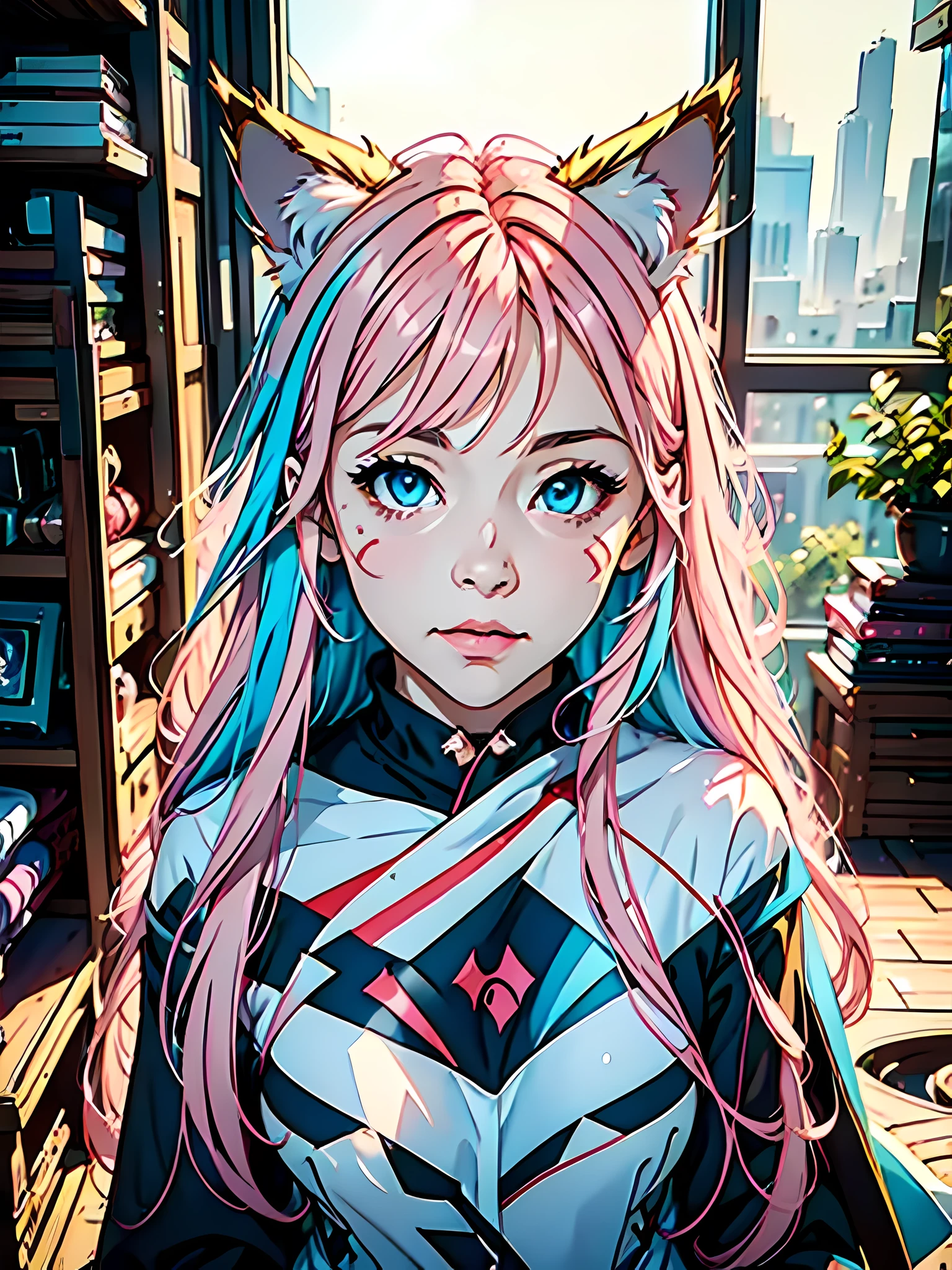 (巨作, Best Quality, Beautiful anime art:1.4), Beautiful anime_A girl, (perfect face:1.8), long Pink hair , Beautiful rainbow colored eyes:1.7), face_fiery, , PlayStation player , Cute cat ears , Play room , Bustling_activity, , stylish_outfit, suspicion_details, Energetic_crowd, Full of excitement_scene, Exciting_Experiments, fashionable_To choose, natural light, (sharp focus:1.6), A highly detailed, extremely realistic, 8k