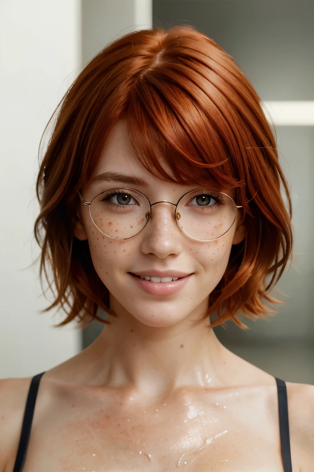a photo of a girl's face with freckles and round glasses,
(red hair:1.2), short hair, bangs, messy hair, 
smiling, 
 shiny, shiny hair, shiny skin, shiny clothes, masterpiece, extreme details, detailed, focus, masterpiece, realistic, photorealistic, 4k, 8k, 16k, highres