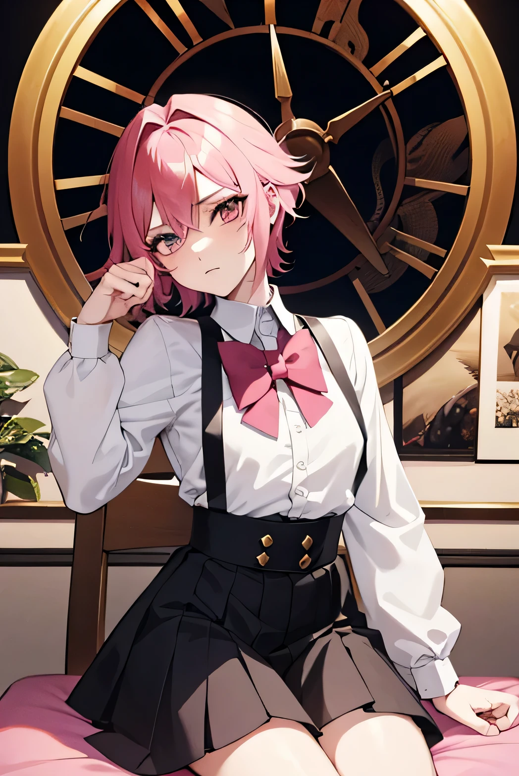 there is a cartoon picture of feminine boy with short pink hair, an anime drawing by Ei-Q, pixiv contest winner, gothic art, anime moe artstyle, 1 7 - year - old anime, anime style portrait, in an anime style, demon femboy, flat anime style, cute, crossdresser in , cute pose