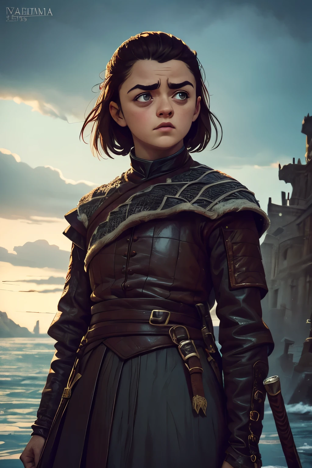 cinematic poster, Arte centrada, 1 girl, solo, ((sozinho)), (((only one character))),  Arya Stark, Rosto de Maisie Williams, rosto de Arya Stark, fantasia de arya stark, Roupas de Arya Stark, A Guerra dos Tronos,,  Game of Thrones, Gothic colors, climate of tension and terror, Adobe Illustration, trending on ArtStation, 8k, disco Rigido , master part, arte linda, detalhes intrincados.