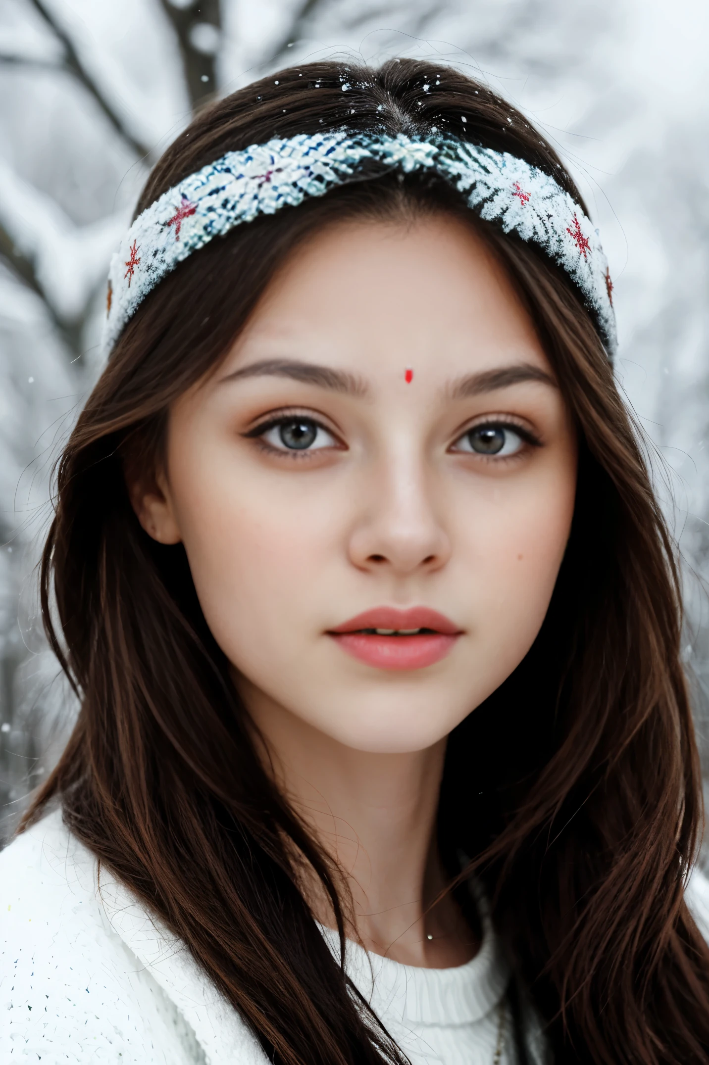 A woman with long hair wearing a headband in the snow - SeaArt AI