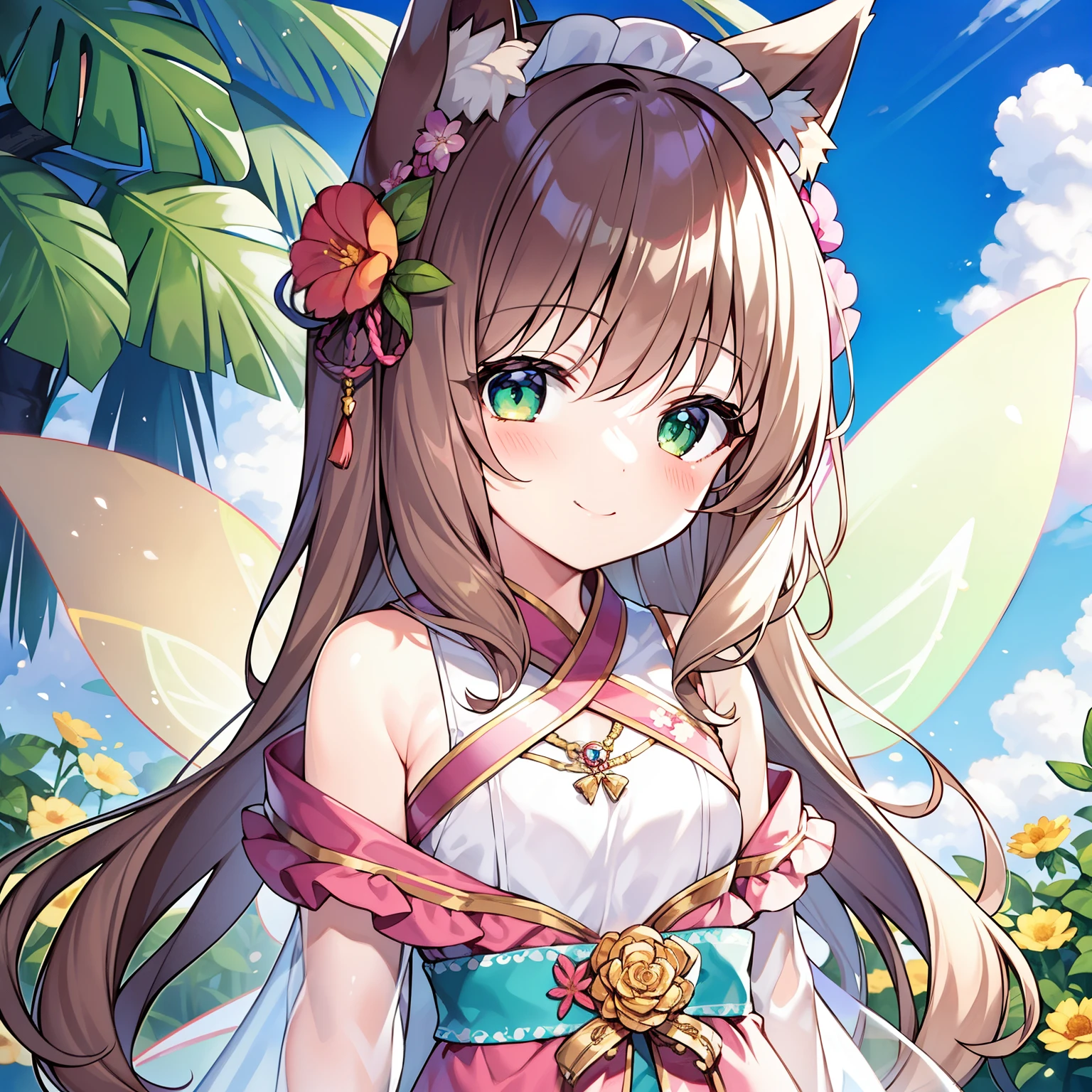 (tmasterpiece, Best quality at best, A high resolution), 1 girl, Alone,  (The large, Soft fox tail)，A pair of fox ears，Green-eyed，(Long brown hair)，Small flower headdress, (9 years old_Cute loli)，small tit，摩洛解放阵线，Wearing pink fairy costume，Golden translucent fairy wings，Close-up of the upper body，Blush slightly，ssmile，