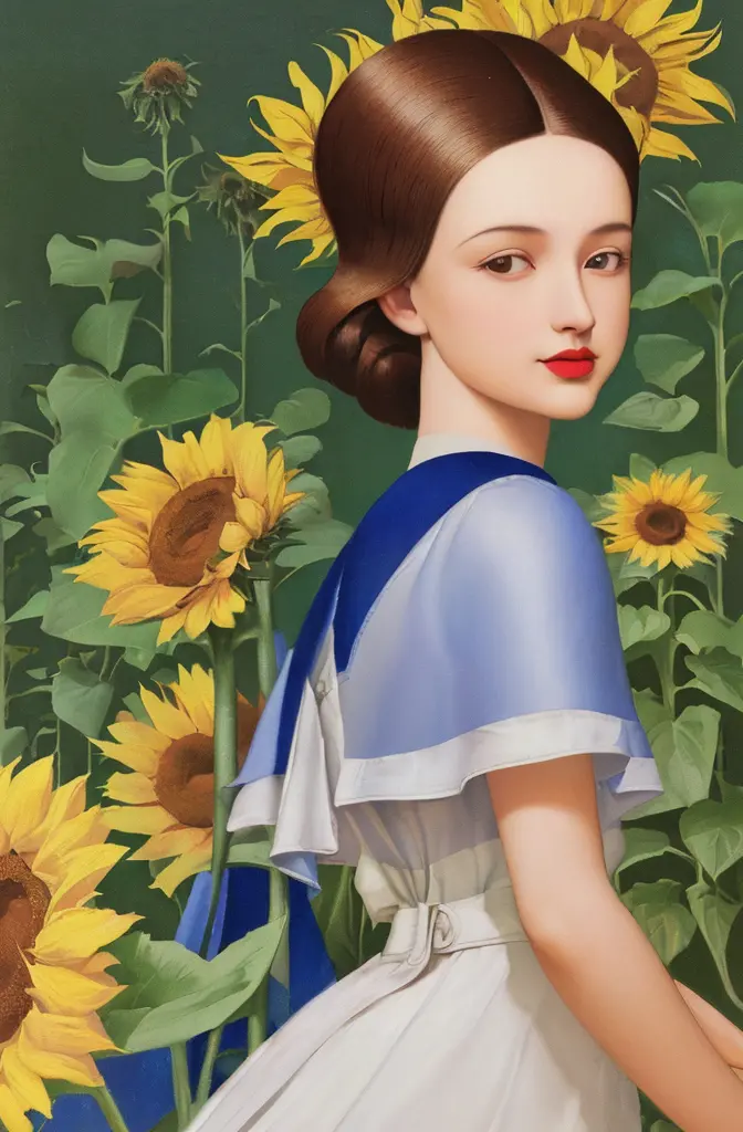 there is a woman standing in a field of sunflowers, kenton nelson, beautiful retro art, michael cheval (unreal engine, inspired ...