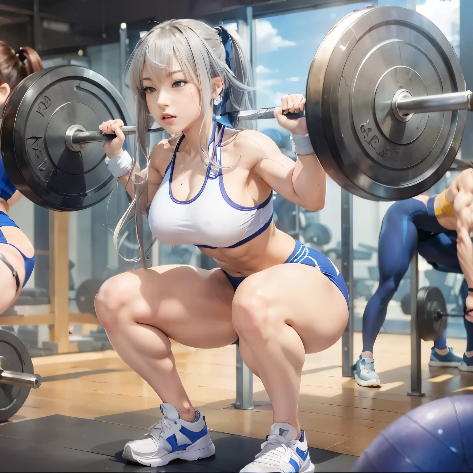 realistic girl girl squatting with a barbell in a gym, chun li at the gym, beautiful anime girl squatting, working out, muscular!!, lifting weights, muscular!, in a gym, most strongest pose, squatting, bursting with muscles, pixiv 3dcg, muscular thighs, thicc, badass anime 8 k, muscular girl, smooth anime cg art