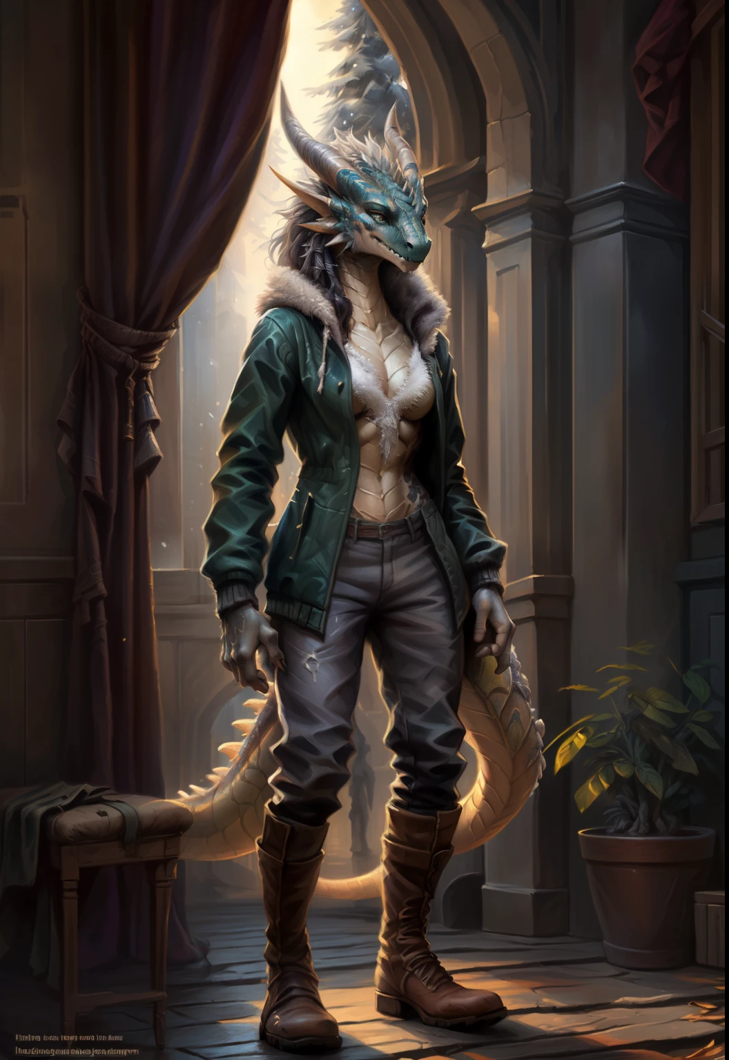((Dragon Girl, dragon head)), woman's, Day, , Detailed, uploaded to e621, Beautiful and detailed portrait of an anthropomorphic dragon ((The woman)) kenket,(( by Ross Tran, by ruan jia, Bonifasko, uploaded to e621, zaush, foxovh)), scalie, Silvery Scaly, movie lighting, , Standing, Long hair,long legs, higly detailed, detailed clothes, hiquality, Warm Winter Uniform,((Зимняя furовая одежда, White Color, fur, high boots,Warm pants, Warm jacket))