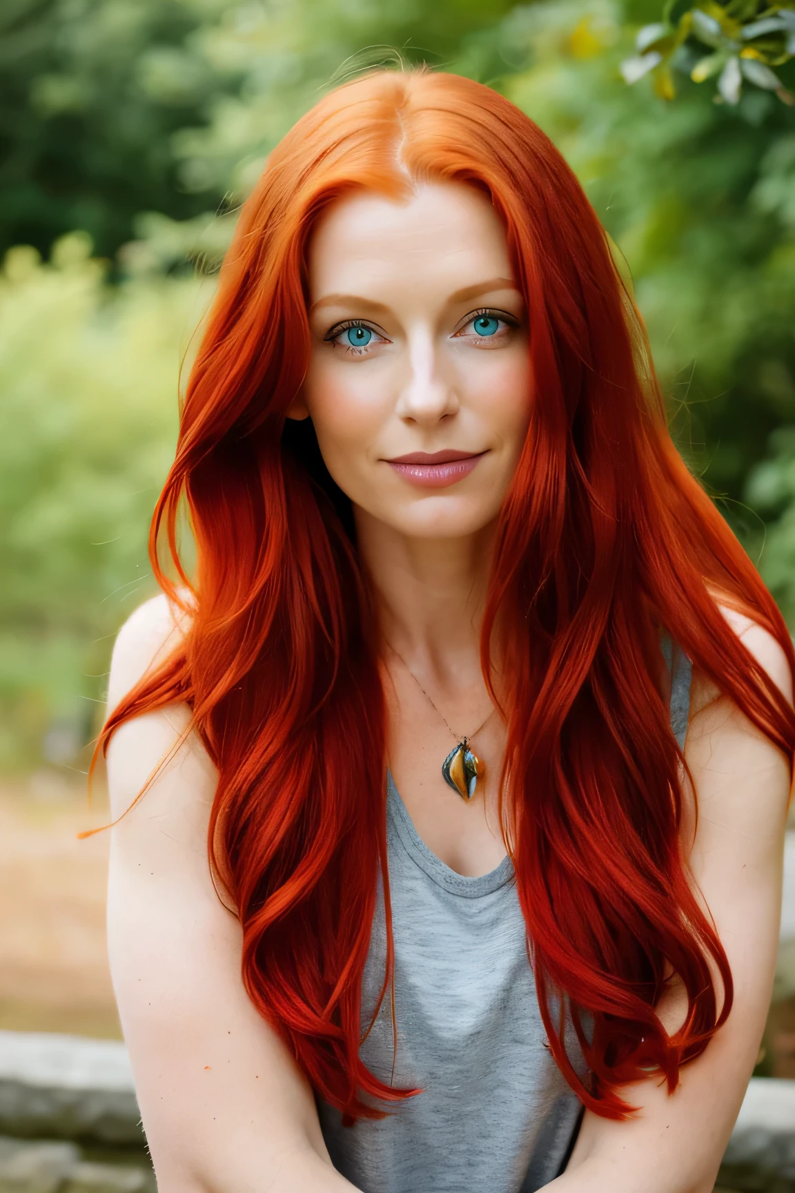 A close up of a woman with red hair and a necklace - SeaArt AI