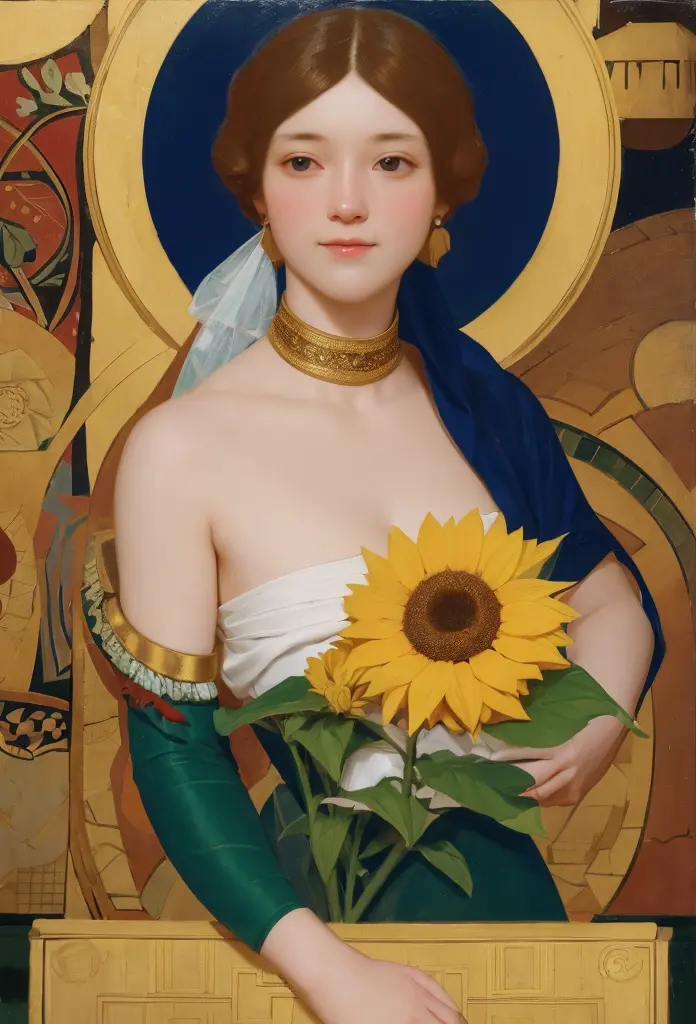 chiaroscuro technique on illustration of an elegant Stylized poster, Russian beauty, in sunflowers, (artist Andrey-Remnev), ((Be...