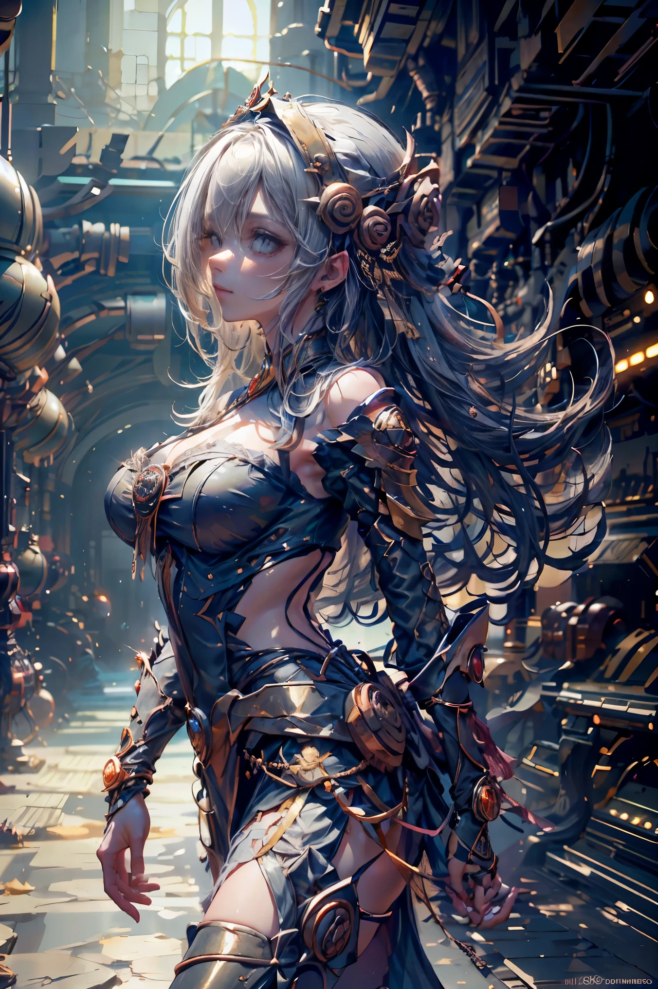 only, Super fine photo, Unreal Engine 5 8K UHD digital art portrait of a girl, conceptual art, character concept design, wearing a tight, shiny white dress with metallic details, golden crown, blue eyes, fantasy princess, metal glove, long blonde hair, The best quality, Masterpiece, super detailed, sharp focus, Subjective pose and sexy and innocent and. Look at the viewer. slight smile.