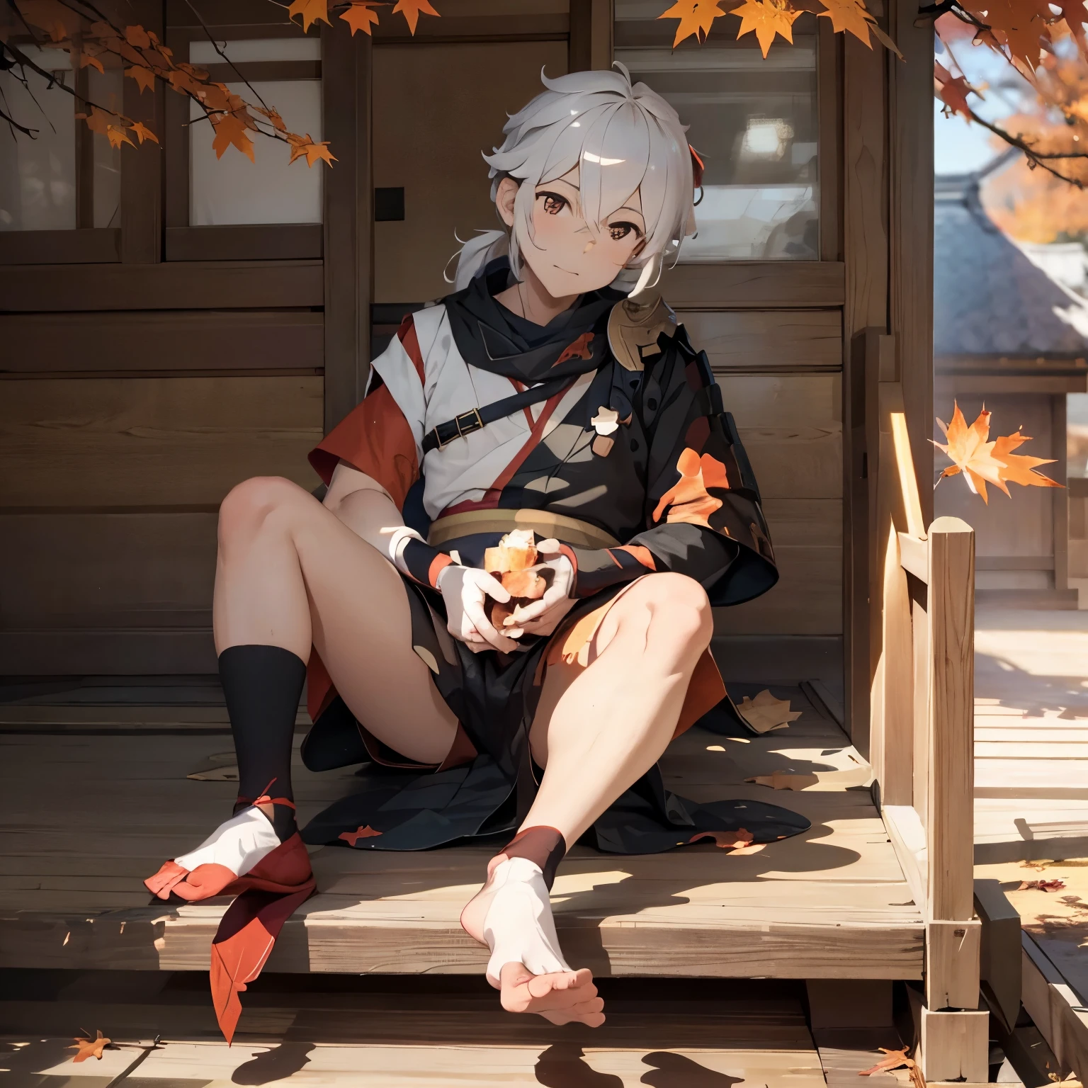 Maple Man Ye，The upper body is naked，Lying on the bare legs of a man with hairy legaple leaf in hand，The background is a Japanese-style house，fall season，The light is warm，Authentic skin texture，snow white toes