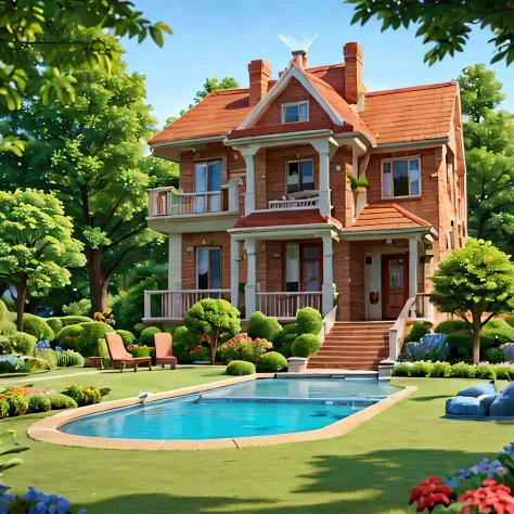 casa de tijolos coloridos, um lindo jardim com muitas flores, trees and a very inviting pool.