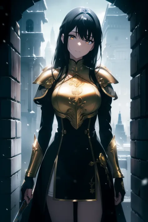 ((Obra maestra, La mejor calidad, ultrahigh resolution)), (((a girl in a suit of golden armor, standing confidently, sheathed sw...