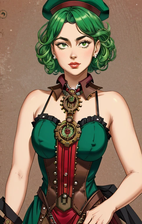 foreground, green short curly straight hair girl the little red hat, watch on necklace, (victorian era), ((steampunk)), cinematography, Worked up, elegant, meticulous, magnificent, maximum detail, Extremely hyper-aesthetic, intricately detailed, many gears, Background of the old town