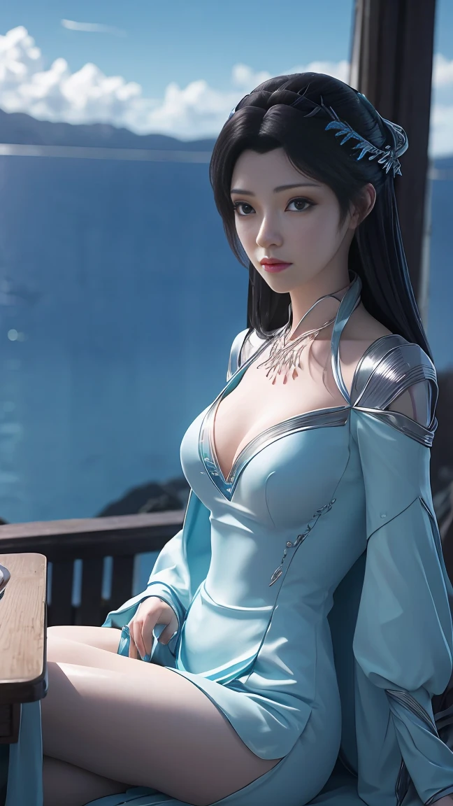 Mulher Arad de vestido azul sentada à mesa, fantasia closeup com magia de água, 2. 5 d cgi anime fantasia arte, ilustração de fantasia de anime, arte de anime digital detalhada, anime de fantasia bonito, arte cg anime suave, arte de fantasia de anime, 8k arte detalhada de alta qualidade, Estilo anime 3D realista, água ultra detalhada, mulher anime bonita e sedutora