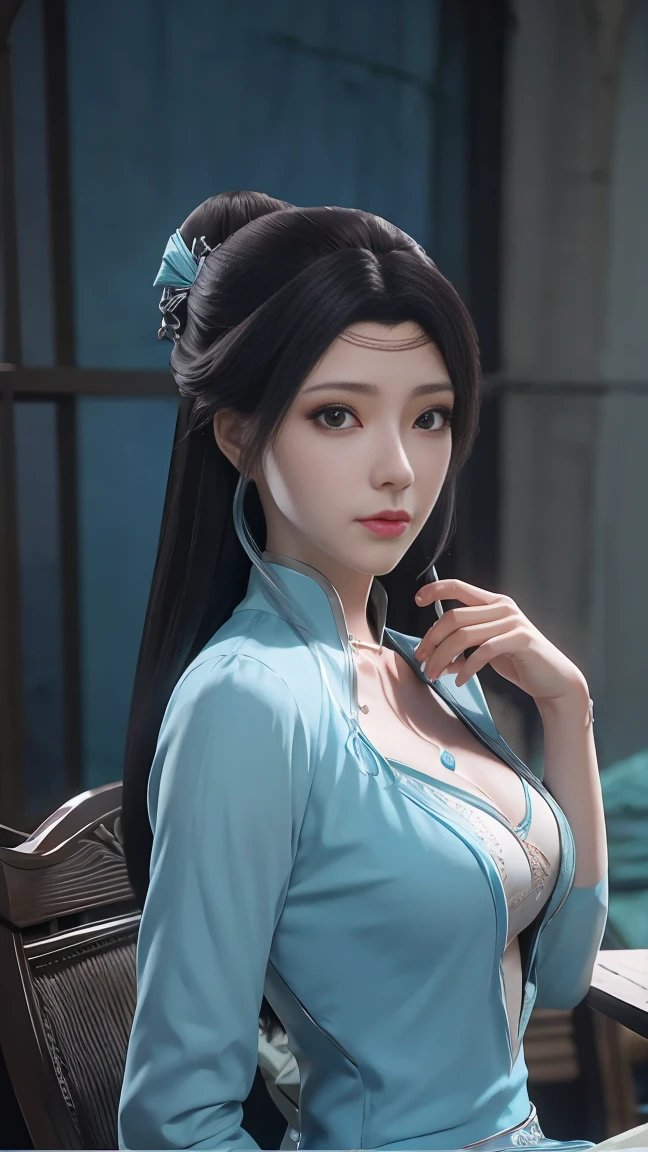 身穿蓝色连衣裙的阿拉德女人坐在桌边, 特写幻想与水魔法, 2. 5 d cgi 动漫幻想艺术, 动漫幻想插画, 详细的数字动漫艺术, 美丽的奇幻动漫, 软动漫CG艺术, 动漫 奇幻 艺术, 8k 高品质细节图稿, 逼真的3D动漫风格, 超详细的水, 美丽又诱人的动漫女人