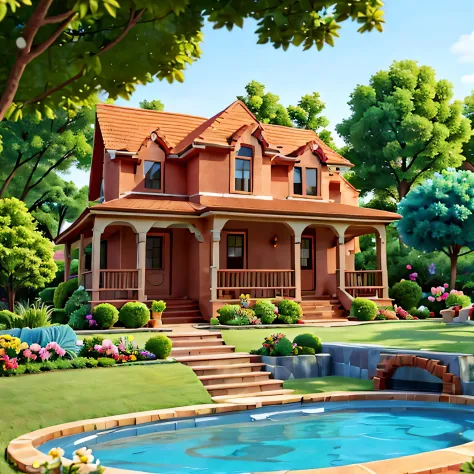 linda e colorida casa de tijolos, um lindo jardim com muitas flores, trees and a very inviting pool.