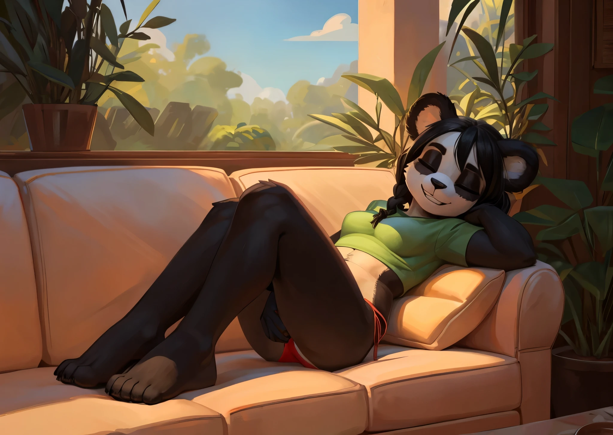 [Yaya Panda], [Uploaded to e621.net; (Pixelsketcher), (wamudraws)], ((masterpiece)), ((HD)), ((highres)), ((solo portrait)), ((full body)), ((front view)), ((feet visible)), ((furry; anthro)), ((detailed fur)), ((detailed shading)), ((beautiful render art)), ((intricate details)), {anthro panda; white fur, (black fur on arms), (black fur on legs), (white fur on belly), black nose, (both eyes closed), (short eyelashes), (black eyeshadow), (long black hair), (braided hair), (curvy hips), (beautiful legs), (beautiful feet), (blushing), (cute grin)}, {(green tee shirt), (red panties)}, {(sitting on couch), (hand covering crotch), (hand over crotch), (sleeping)}, [background; (bamboo forest), (living room), (window), (blue sky), (sun rays), (ambient lighting)]