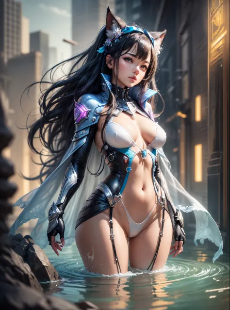 a woman in a ((Transparent  plugsuit ))and cape is standing in the water, concept art by Yang J, Artstation contest winner, fantasy art, extremely detailed artgerm, ig model | artgerm, as seen on artgerm, fantasy woman, fantasy art style, artgerm. anime il...