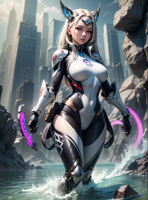 a woman in a wetsuit is standing in a body of water, beautiful cyborg priestess, 2. 5 d cgi anime fantasy artwork, perfect anime cyborg woman, [ trending on cgsociety ]!!, extremely detailed artgerm, cute cyborg girl, girl in mecha cyber armor, armor girl,...