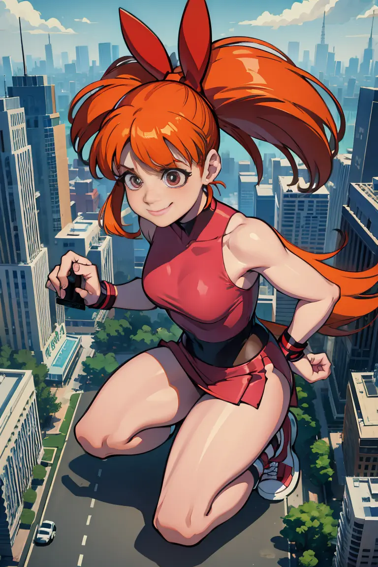 giantess art, Blossom Utonium. highly detailed giantess shot, very tall and athletic, Giant red-haired powergirl bigger than a s...