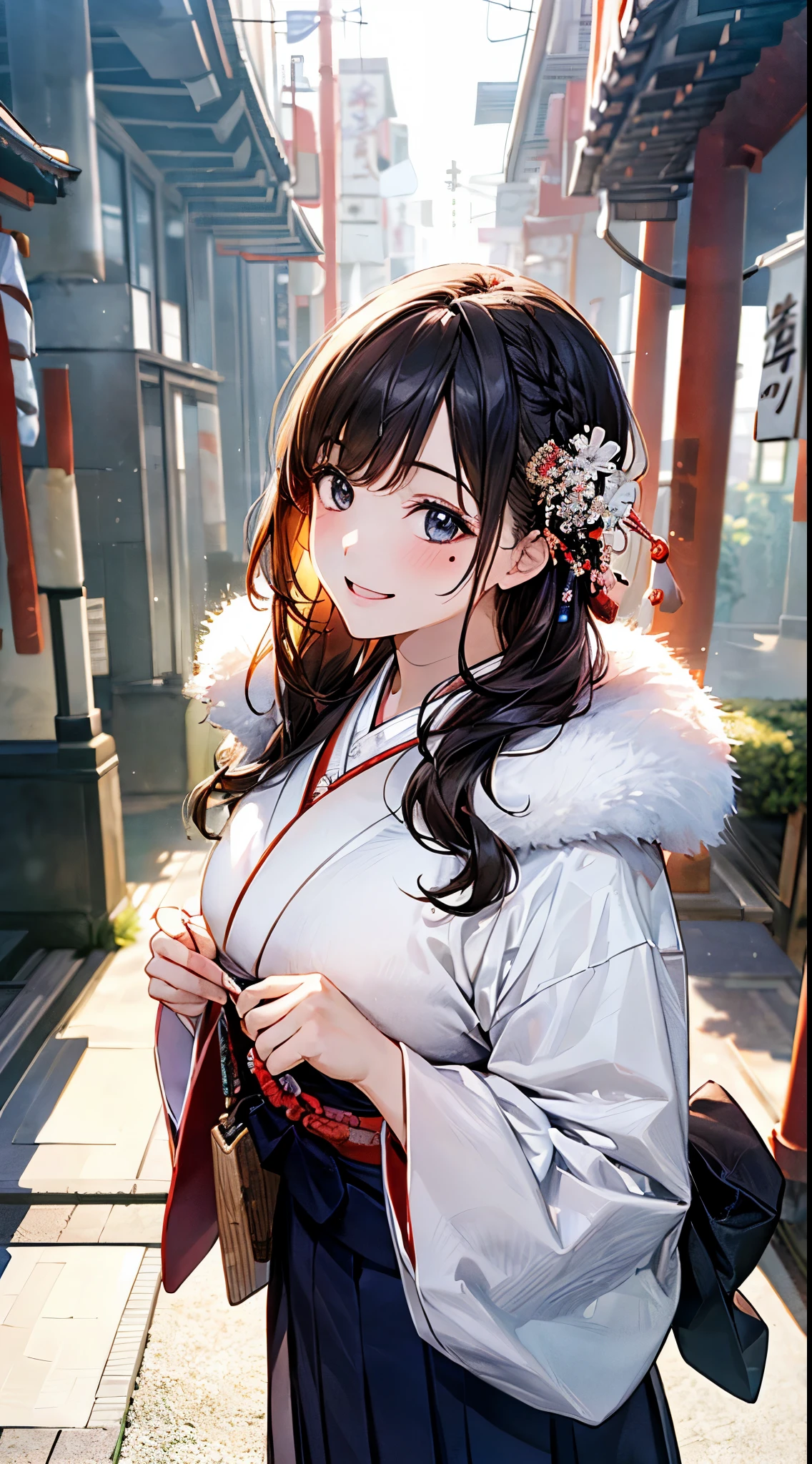 ((perfect anatomy, anatomically correct, super detailed skin)), 
1 girl, japanese, high school girl, shiny skin, large breasts:0.5, looking up, watching the view, 
beautiful hair, beautiful face, beautiful detailed eyes, (middle hair:1.5, japanese hair:1.5), black hair, blue eyes, babyface, mole under eye, 
(((traditional japanese clothing:1.2, fur muffler), hair ornament)), 
((smile:1.5, open your mouth wide)), walking, holding a phone, Holding a handbag, 
(beautiful scenery), winter, dawn, (new year's day, first visit), hokkaido, sapporo, outside hokkaido shrine, crowd, snow, snowfall:1.5, freezing weather, frost, 
(8k, top-quality, masterpiece​:1.2, extremely detailed), (photorealistic), beautiful art, visual art, depth of fields, natural lighting,