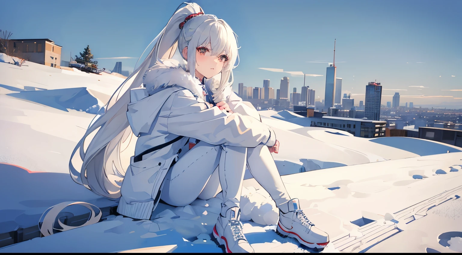 Meisterwerk, beste Qualität, gute Qualität, perfekte Anatomie, Anime ein Mädchen, Anime-Stil, Weißer Pullover, Pelzjacke, weißes Haar, Pferdeschwanz, Schnee, background Schnee, Stadt, Weißer Himmel, Mittag, reife Frau, Jeanshosen, Vorausschauen, Ganzkörper, Sitzung, Sitzung on wall, Draufsicht,