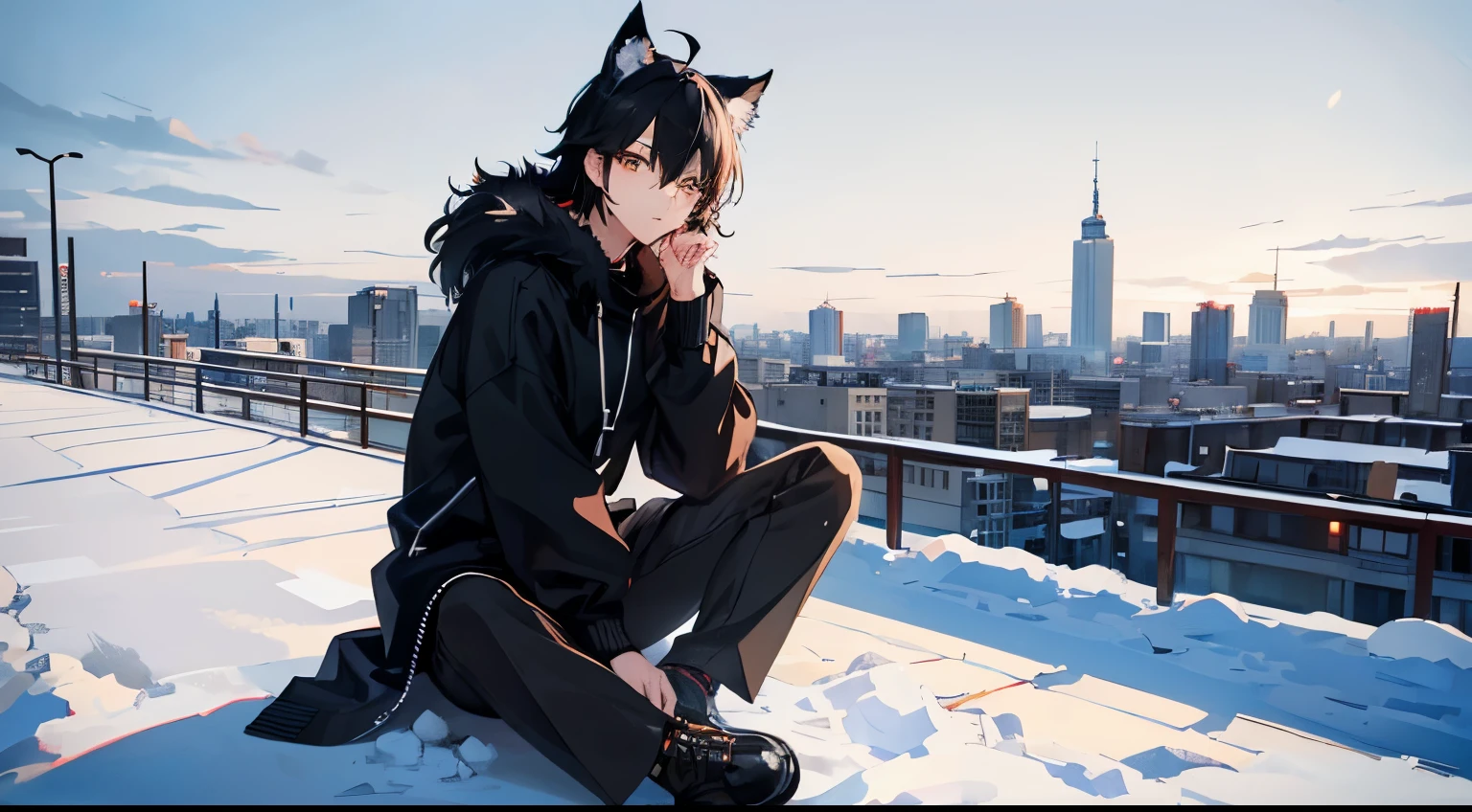 masterpiece, best quality, high quality, perfect anatomi, anime A boy, anime style, black sweater, fur jacket, black hair, wolf ears, snow, background snow, city, white sky, midday, mature male, black pants, looking a head, full body, sitting, sitting on wall, top view,