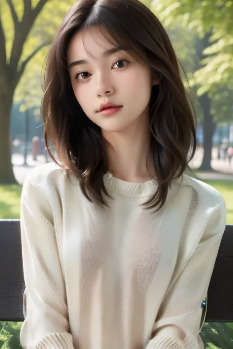 Best Quality, Photorealistic, 8K, hight resolution, fulcolor, 1girl in, Woman, 20 years old Woman, (Skindentation), (Portrait:0.6), Trees, park bench, Daylight, ((Park background:1.52)), fulcolor, ((Sweaters:1.68)), straight look at viewer:1.8, (1girl in e...