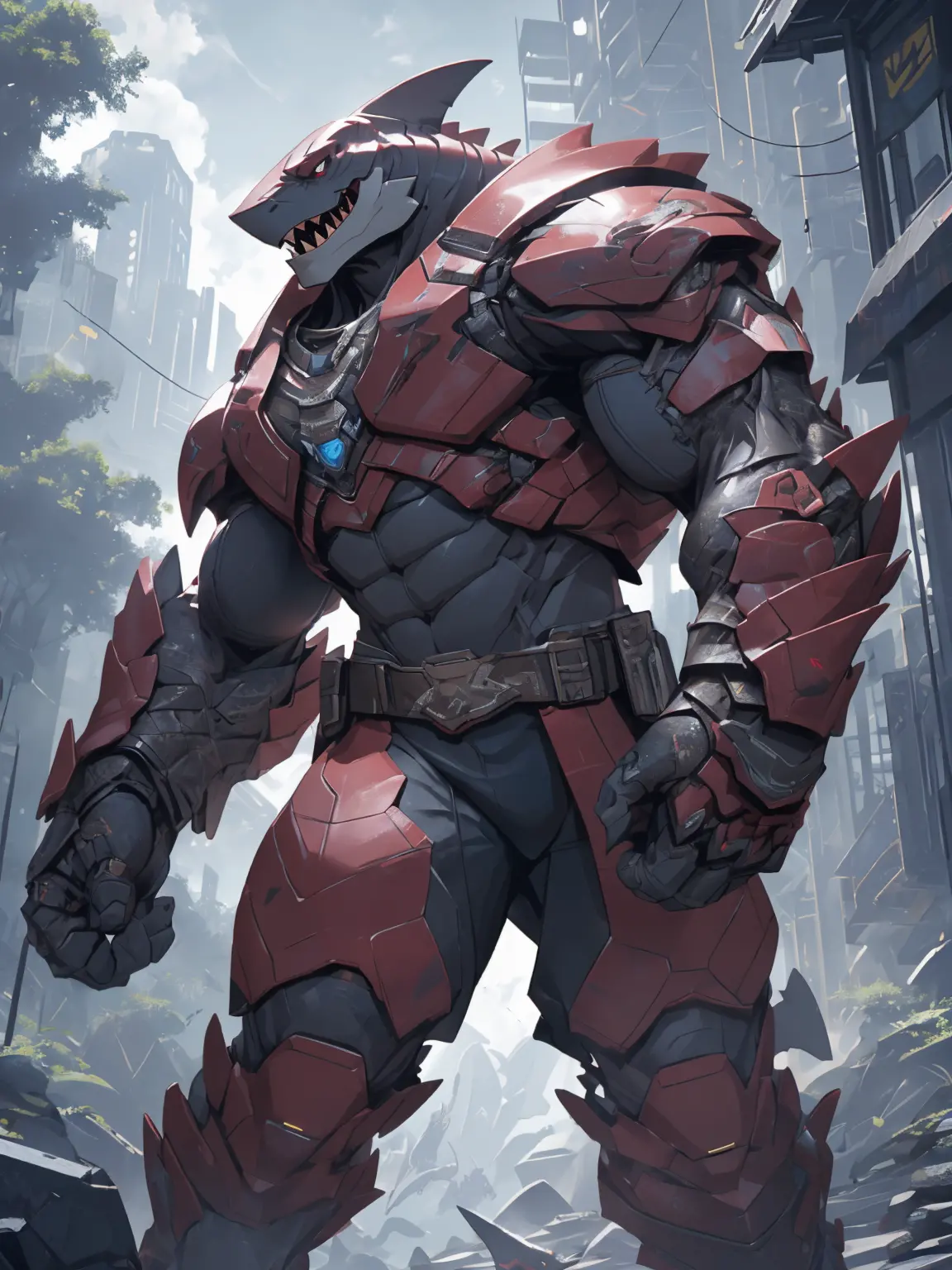 shark man, ready to fight, futuristic armor, dark forest background, threatening, stands menacingly, full body, raptor like legs...