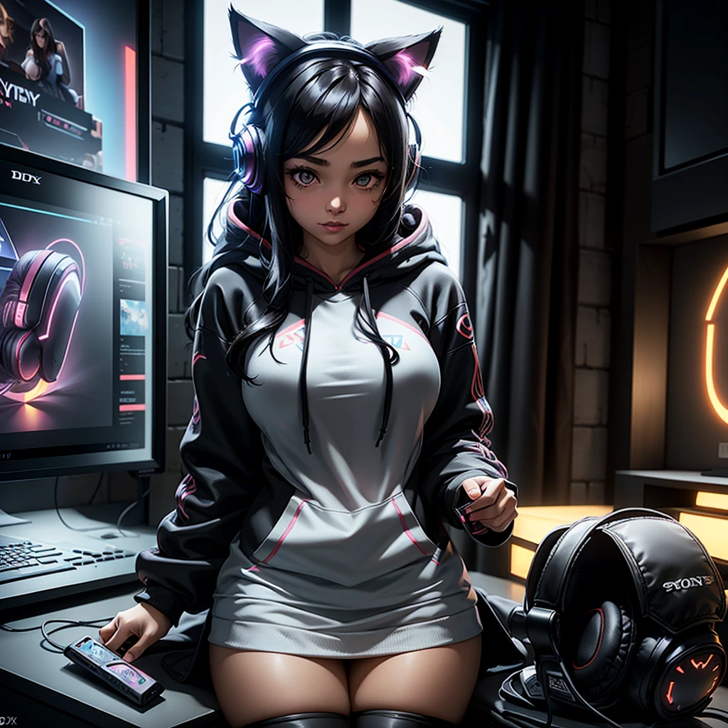 1girl, beautiful girl, very long curly black hair, hazel eyes, cute cat ears , wearing gaming hoodie ,she is a gamer , wearing headset, gamer room, PlayStation games, funny hot girl , high res, ultrasharp, 8K, masterpiece, looking directly to the front