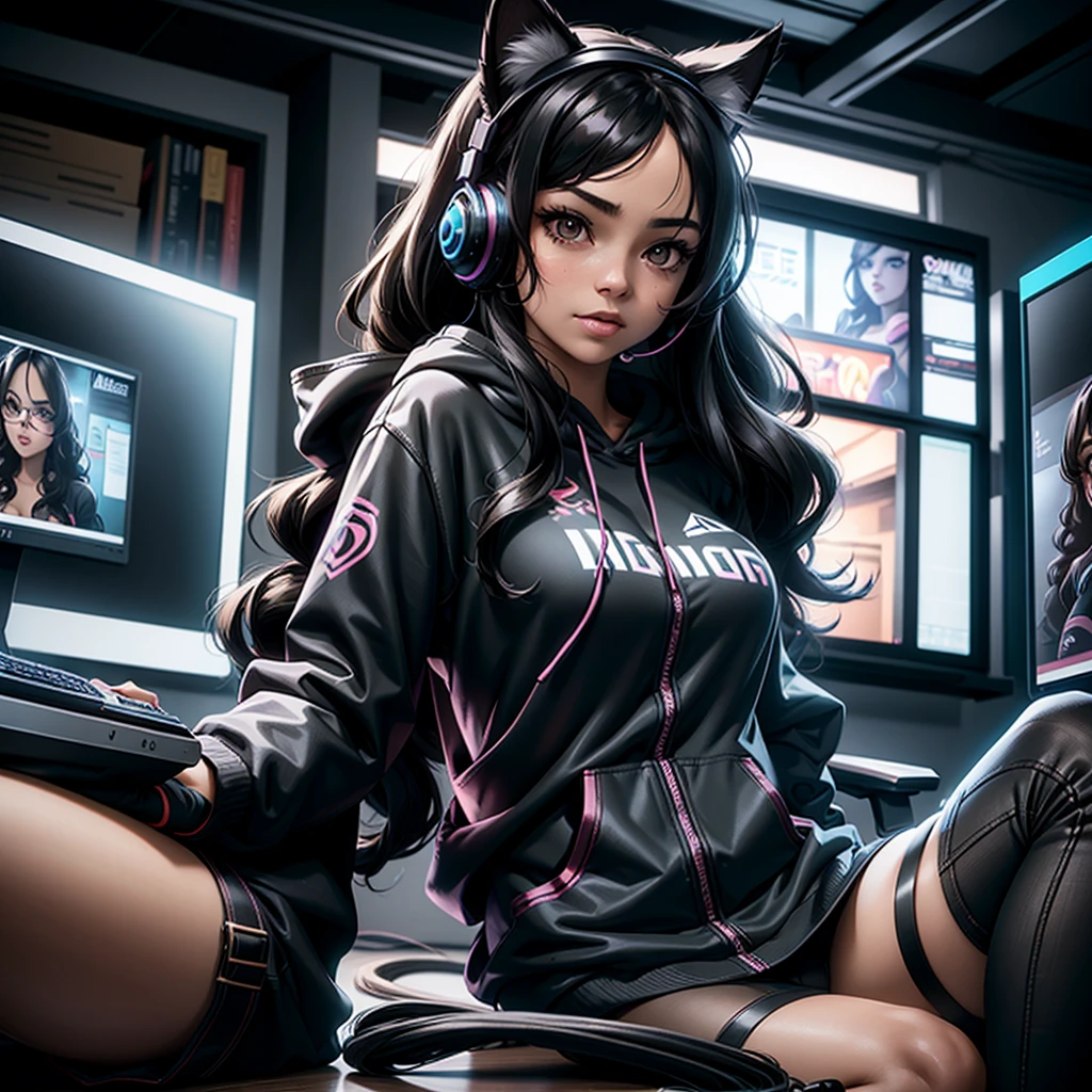1girl, beautiful girl, very long curly black hair, hazel eyes, cute cat ears , wearing gaming hoodie ,she is a gamer , wearing headset, gamer room, PlayStation games, funny hot girl , high res, ultrasharp, 8K, masterpiece, looking directly to the front