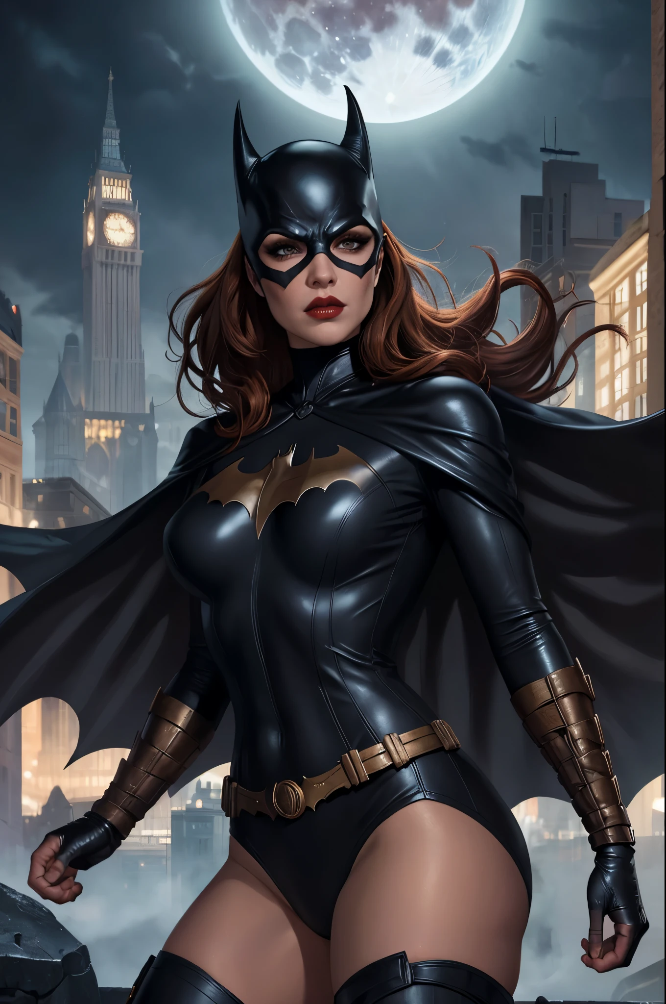 (best quality, highres, ultra-detailed),sexy batgirl,portrait,illustration,dark lighting,leather outfit,red lips,smoky eyes,gloomy atmosphere,cityscape background,gritty style,high contrast,vivid colors,sharp details,expressive pose,fierce expression,edgy,realistic costume,flowing cape,masked identity,lethal weapon,moonlit sky,beautifully textured,alluring gaze,confident stance,artistic rendering,bold composition,highly detailed hair,superheroine,nighttime scene,fantasy,comic book style,meticulous craftsmanship,attention-grabbing,powerful presence,mysterious aura,striking visual impact