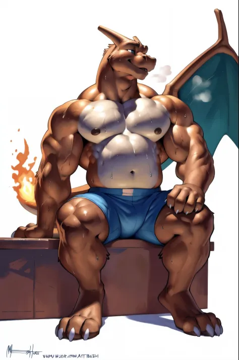 athletic charizard. 4k, high resolution, best quality, posted on e621, solo, anthro body, older male, male, very masculine, dense muscles (tough build):1.5, (correct anatomy):1, (white background, no background:1.2), (bare torso:1.1), scaleoxers, genital_o...
