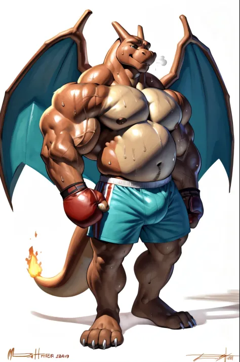 athletic charizard. 4k, high resolution, best quality, posted on e621, solo, anthro body, older male, masculine:1, male, very masculine, dense muscles (tough build):1.5, (correct anatomy):1, (white background, no background:1.2), (bare torso:1.1), scales, ...