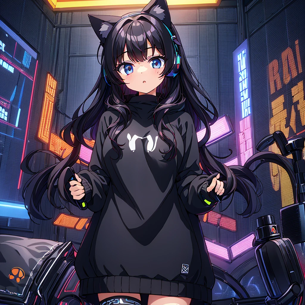 1girl, beautiful girl, very long very curly black hair, hazel big shiny eyes, cute cat ears , wearing gaming hoodie written on it “ Aseel “ , wearing sweatshirt, she is a gamer , wearing headset, gamer room, PlayStation games, funny hot girl , high res, ultrasharp, 8K, masterpiece, looking directly to the front