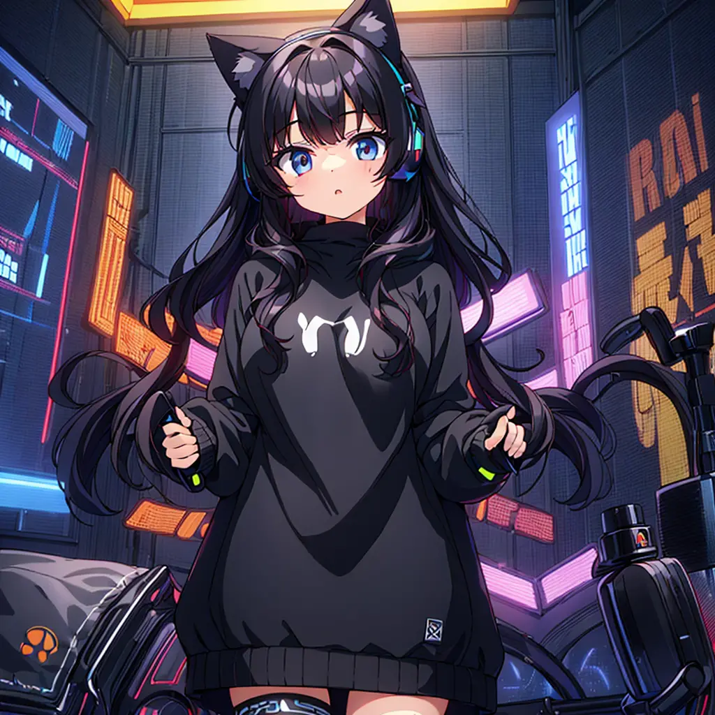 1girl, beautiful girl, very long very curly black hair, hazel big shiny eyes, cute cat ears , wearing gaming hoodie written on i...