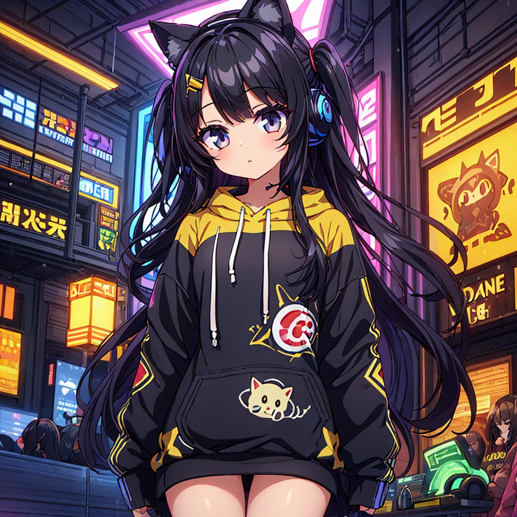 1girl, beautiful girl, very long very curly black hair, hazel big shiny eyes, cute cat ears , wearing gaming hoodie written on it “ Aseel “ , wearing sweatshirt, she is a gamer , wearing headset, gamer room, PlayStation games, funny hot girl , high res, ultrasharp, 8K, masterpiece, looking directly to the front