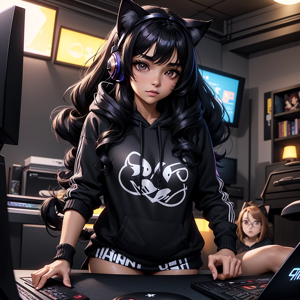 1girl, beautiful girl, very long very curly black hair, hazel big shiny eyes, cute cat ears , wearing gaming hoodie written on it “ Aseel “ , wearing sweatshirt, she is a gamer , wearing headset, gamer room, PlayStation games, funny hot girl , high res, ultrasharp, 8K, masterpiece, looking directly to the front