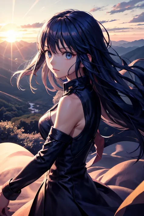 on mountain with long black hair in a beautiful dress while the wind is blind around her and has a cute face sun is on side of f...