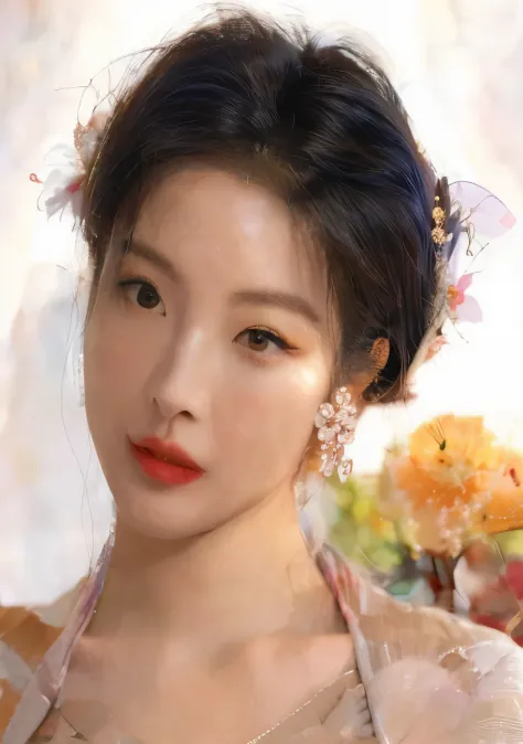 hay una mujer con un vestido rosa y una flor rosa, maquillaje popular de Corea del Sur, maquillaje coreano popular, Beautiful ae...