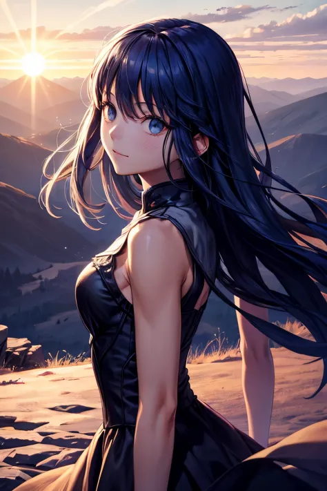 on mountain with long black hair in a beautiful dress while the wind is blind around her and has a cute face sun is on side of f...