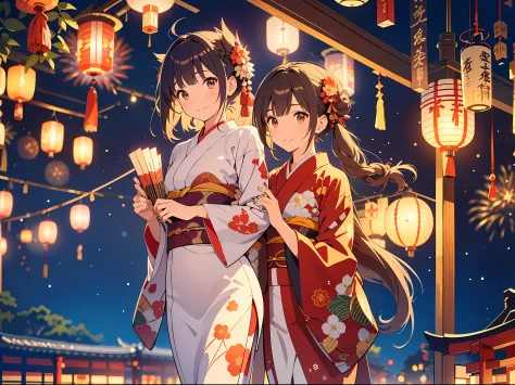 Age18, two women, making a kyuhoshi arrangement, wearing Japanese ((printed homongi)), , night scene, (bokeh:1.2), soft smile:1....