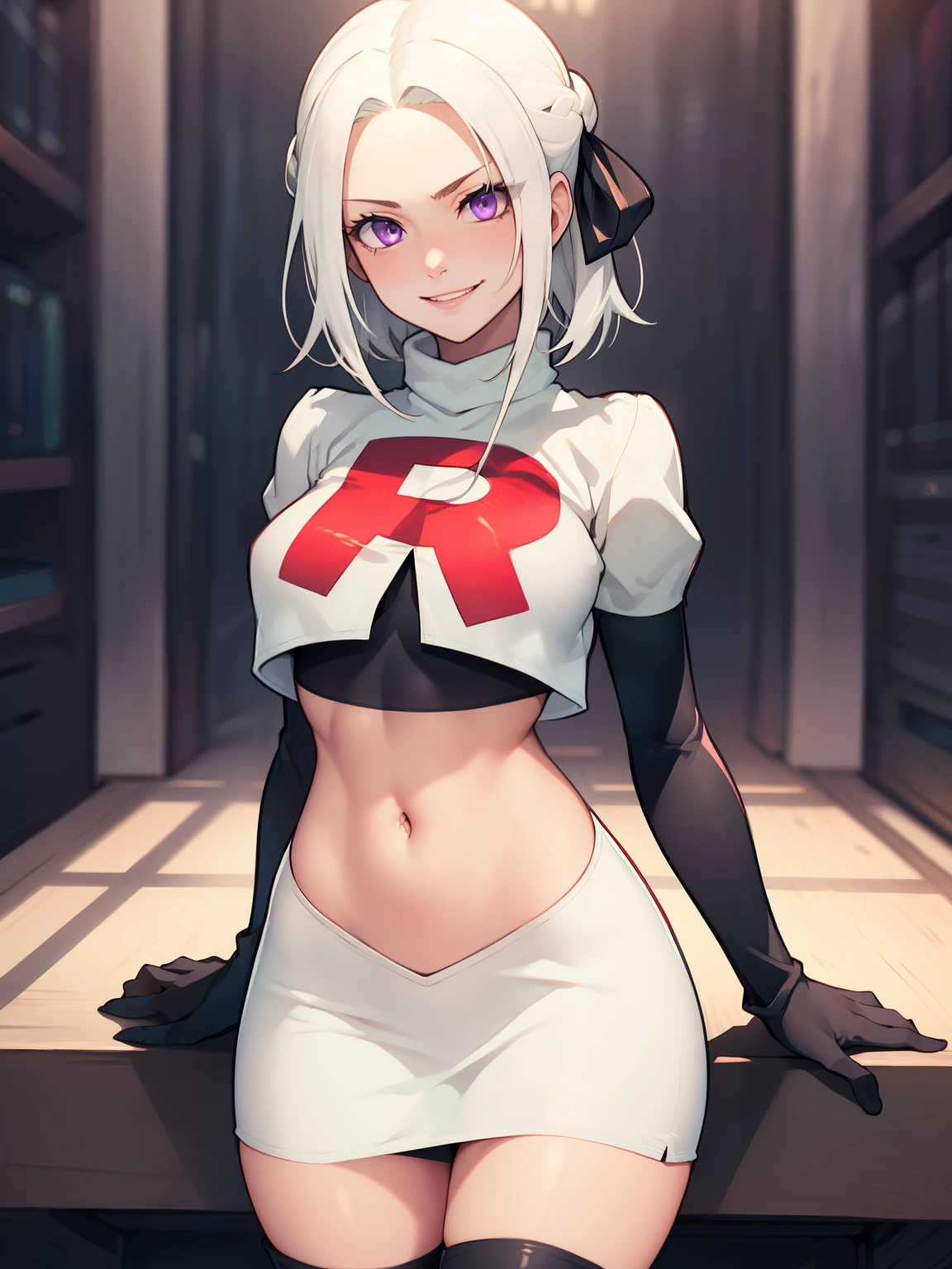 edelgard_academy, hair ribbon, very short hair, white hair, purple eyes, glossy lips ,team rocket uniform, red letter R, white skirt,white crop top,black thigh-high boots, black elbow gloves, evil smile, looking at viewer, cowboy shot